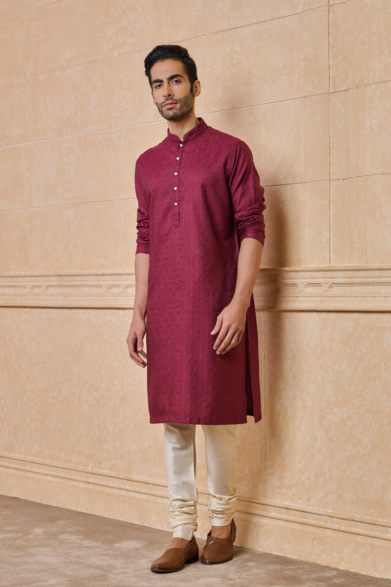 Maroon All Over Self Textured Kurta Set