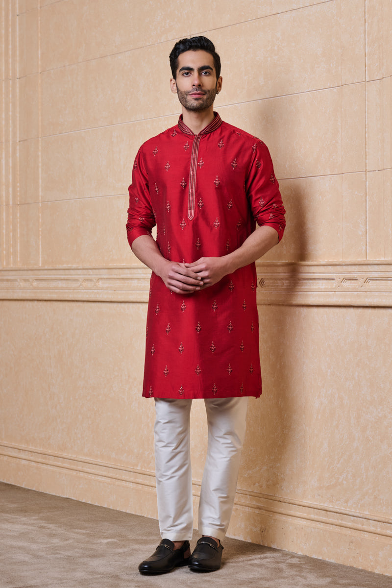 Red All Over Embroidered Kurta Set