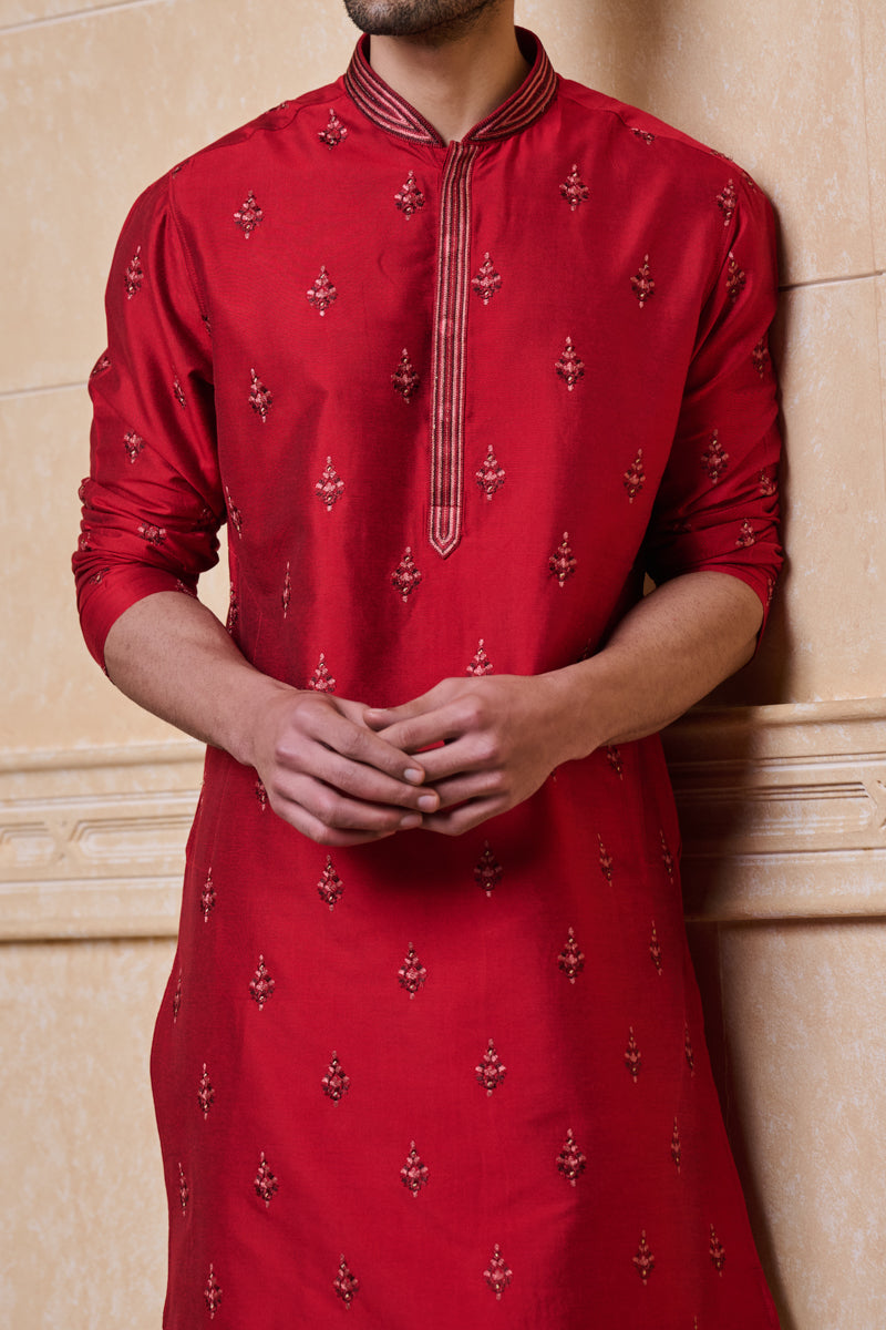 Red All Over Embroidered Kurta Set