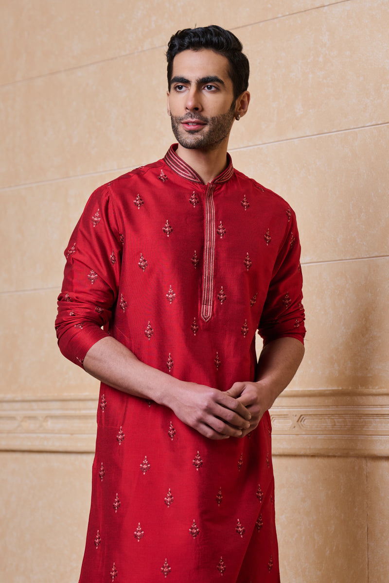 Red All Over Embroidered Kurta Set