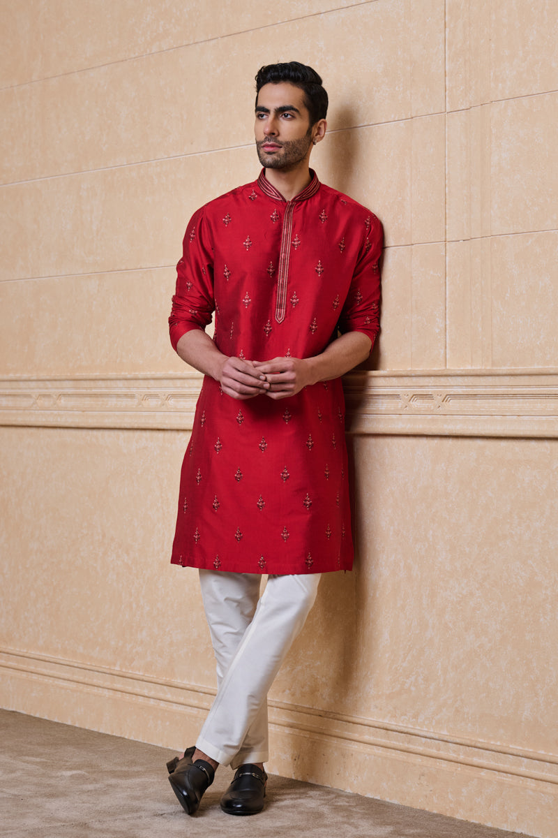 Red All Over Embroidered Kurta Set