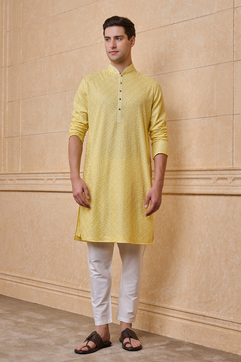 Yellow All Over Embroidered Chanderi Kurta Set