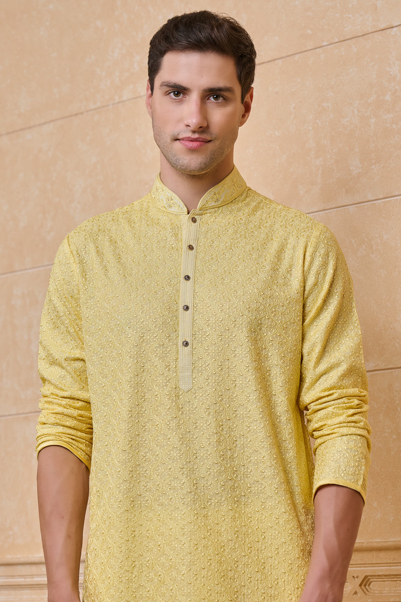 Yellow All Over Embroidered Chanderi Kurta Set