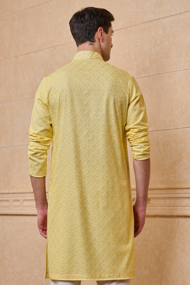 Yellow All Over Embroidered Chanderi Kurta Set