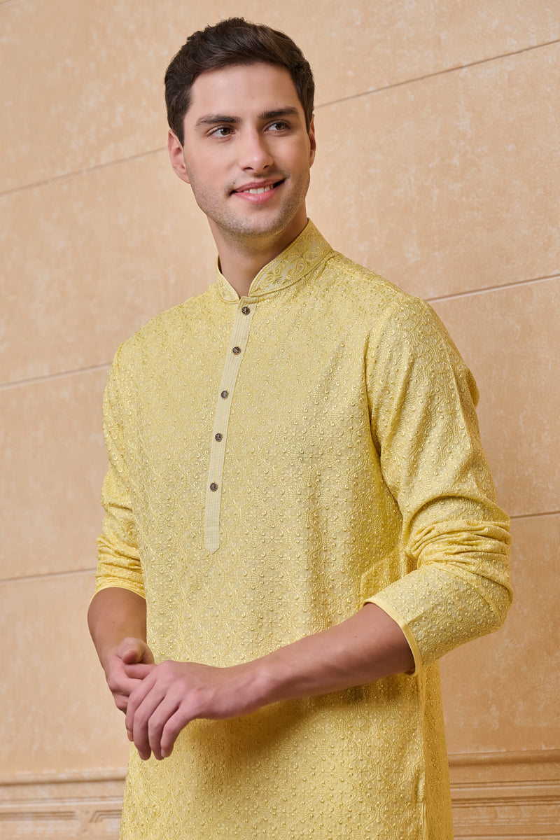 Yellow All Over Embroidered Chanderi Kurta Set