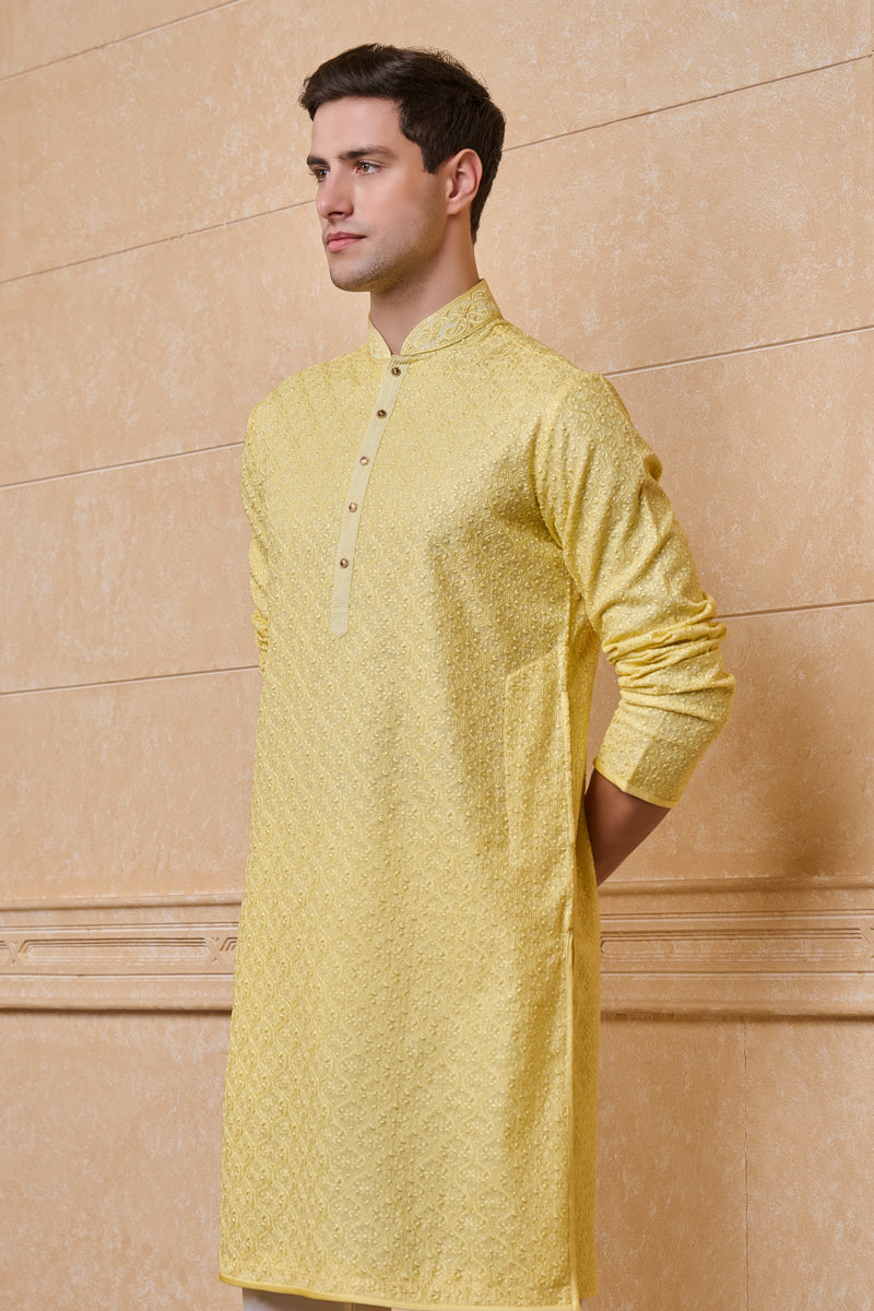 Yellow All Over Embroidered Chanderi Kurta Set