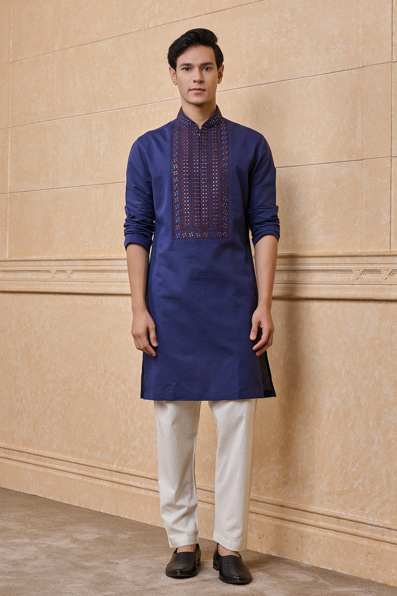 Navy Cotton Linen Kurta Set