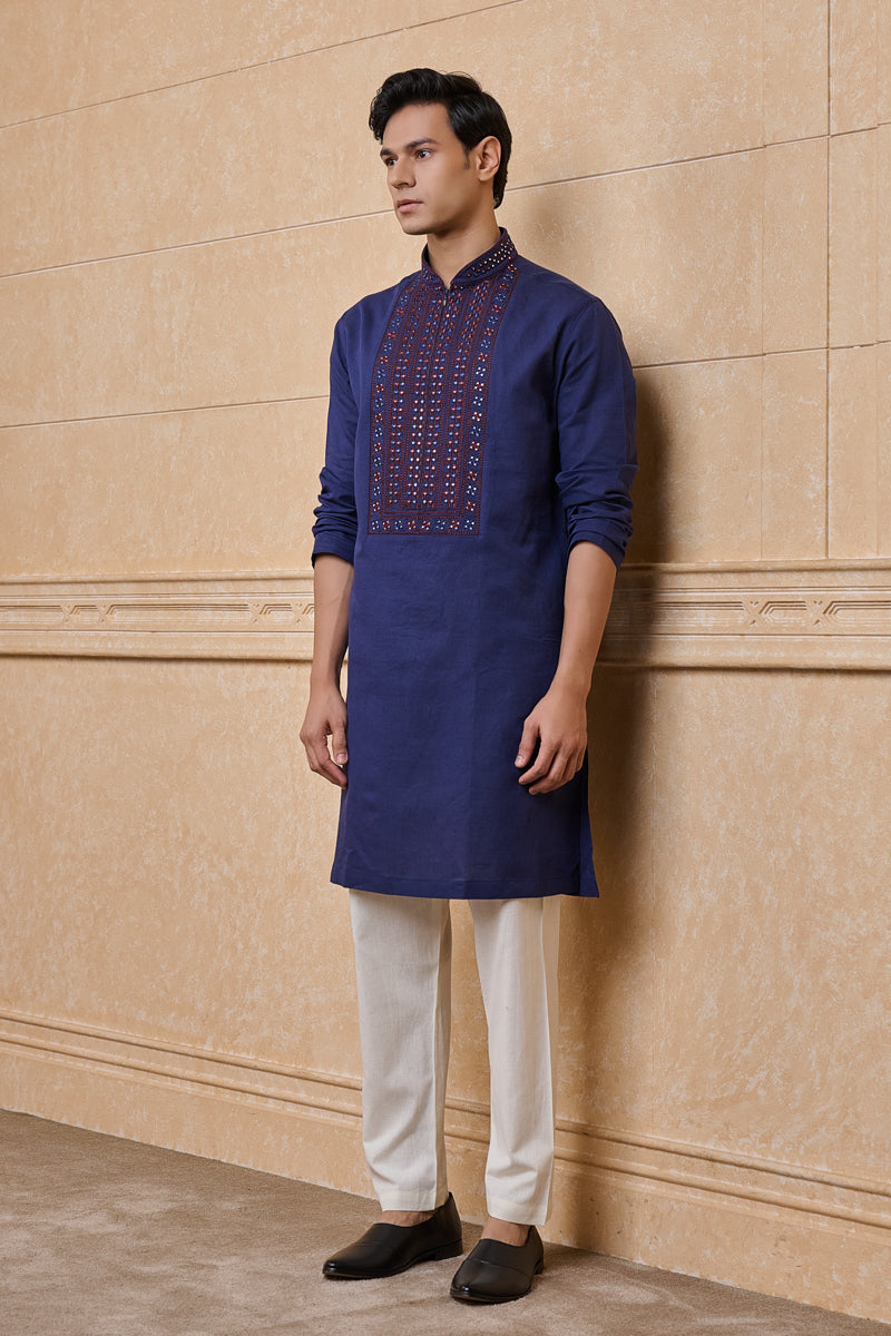 Navy Cotton Linen Kurta Set