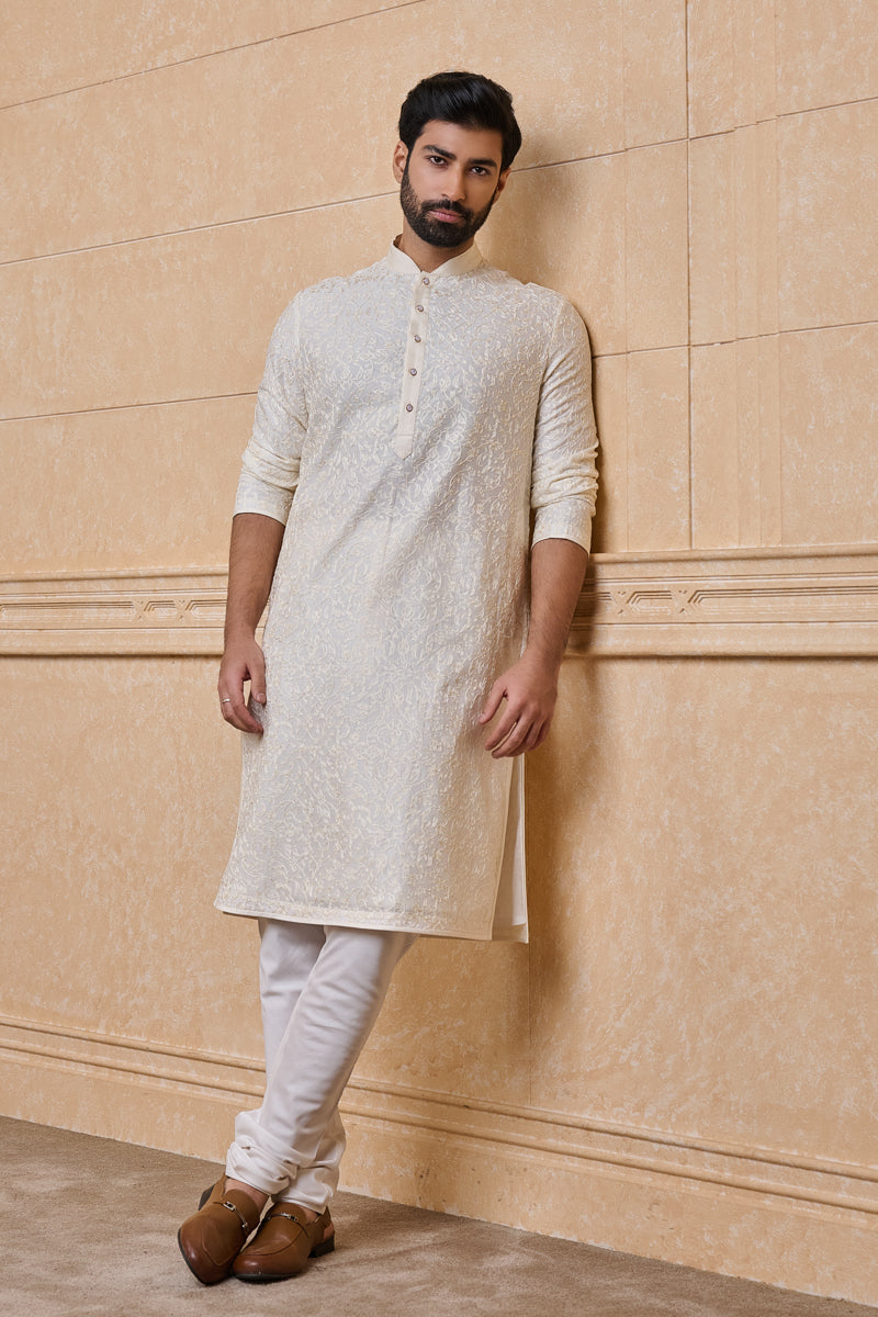 Cream Embroidered Cotton Kurta Set