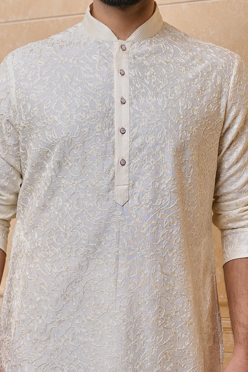 Cream Embroidered Cotton Kurta Set