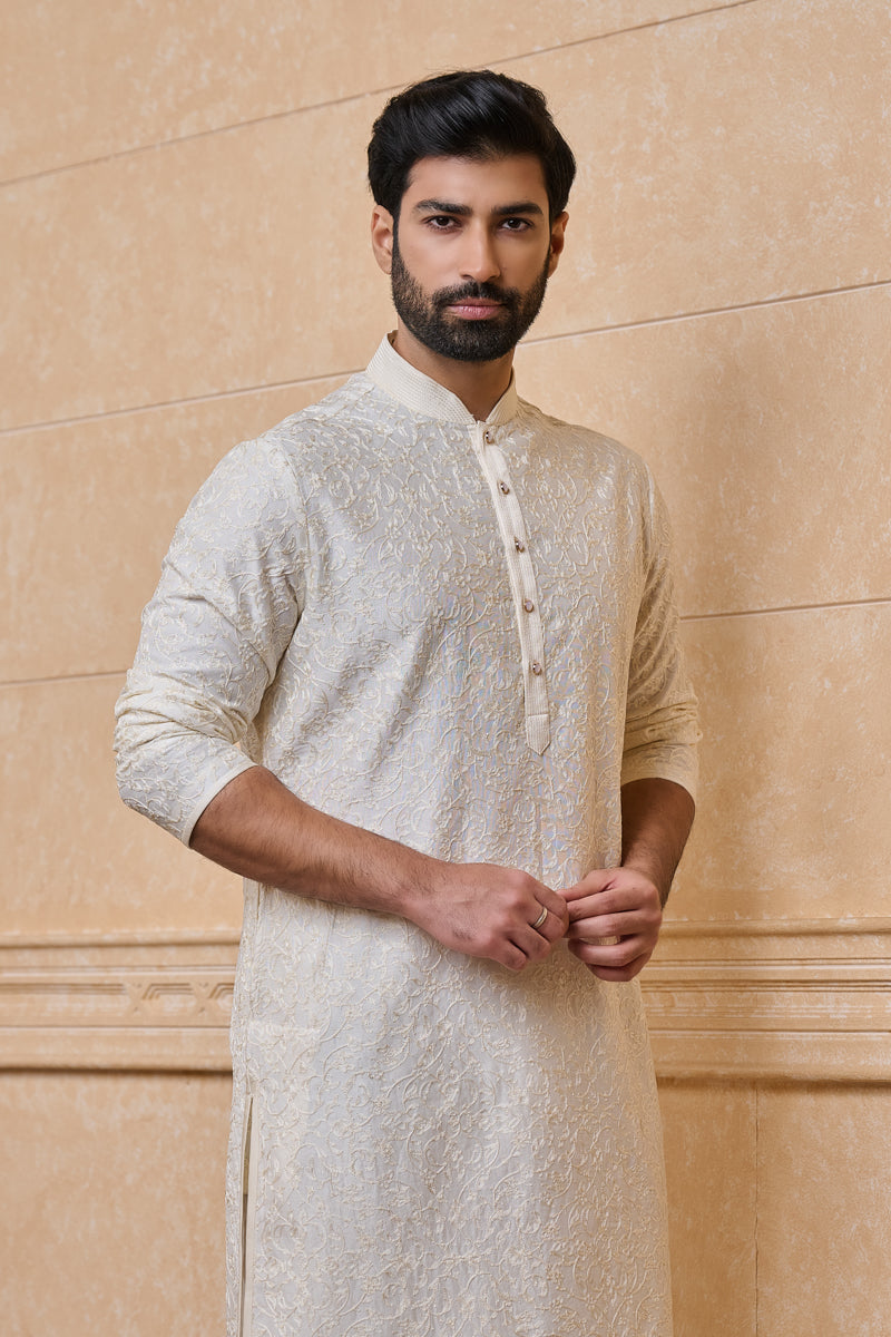 Cream Embroidered Cotton Kurta Set