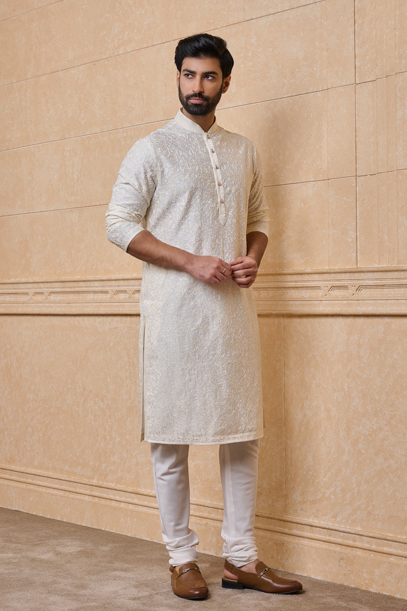 Cream Embroidered Cotton Kurta Set