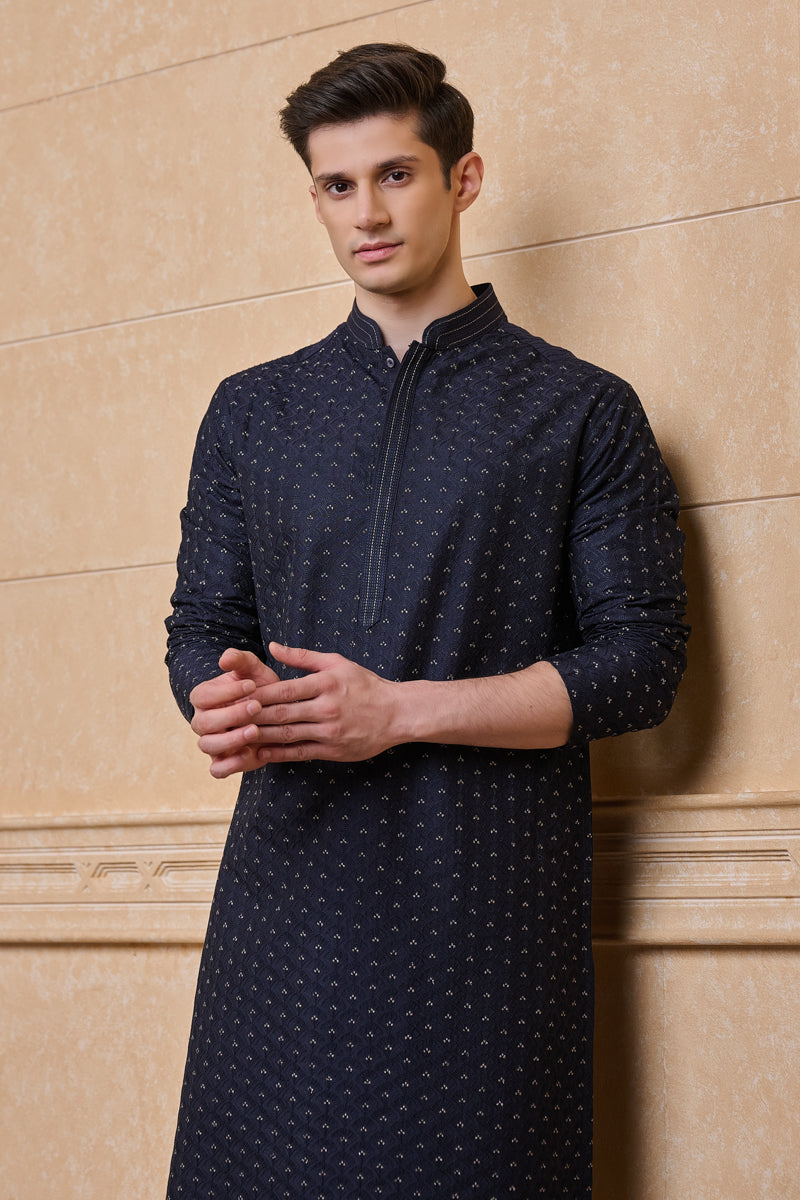 Navy All Over Thread Embroidered Kurta Set