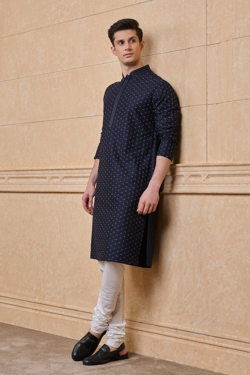 Navy All Over Thread Embroidered Kurta Set