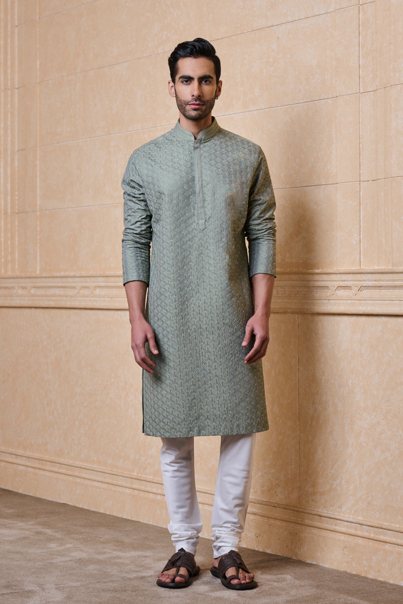 Olive All Over Thread Embroidered Kurta Set