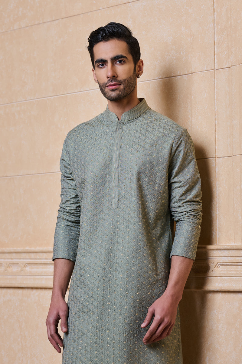 Olive All Over Thread Embroidered Kurta Set