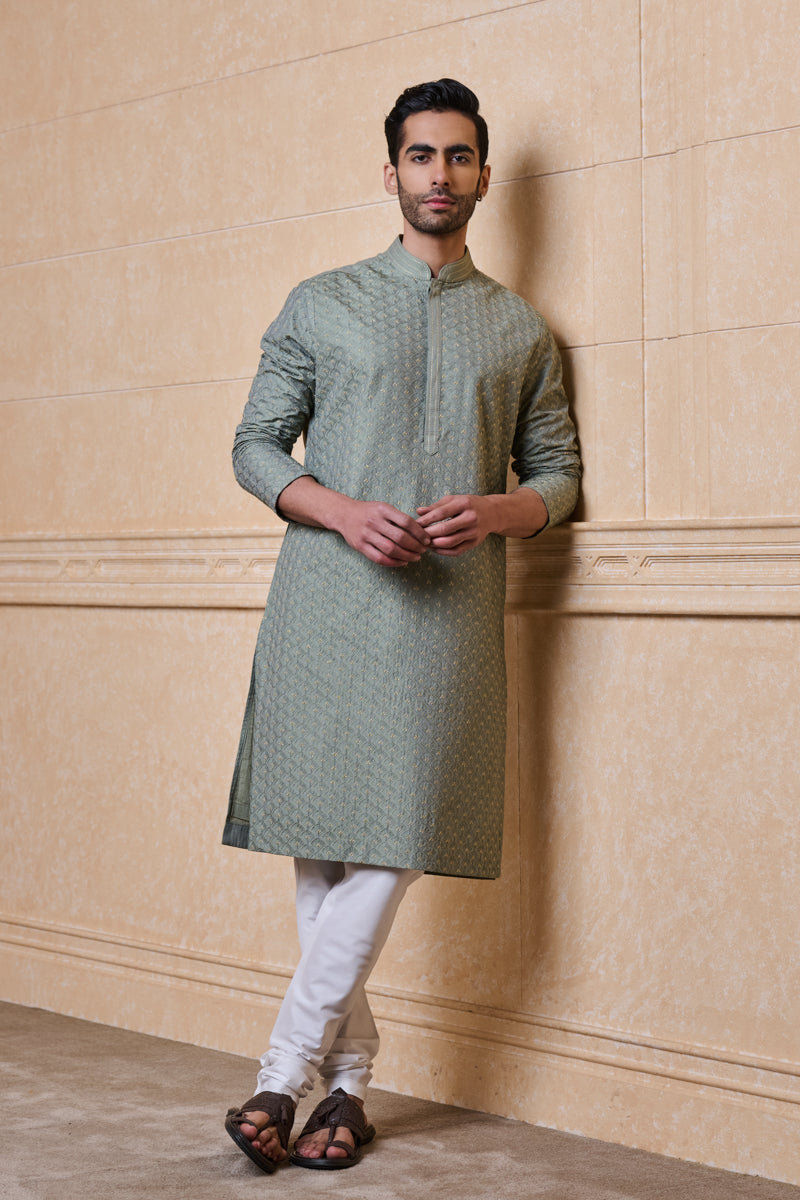 Olive All Over Thread Embroidered Kurta Set