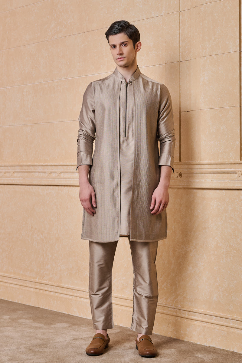 Beige Textured Faux Jacket Style Kurta Set