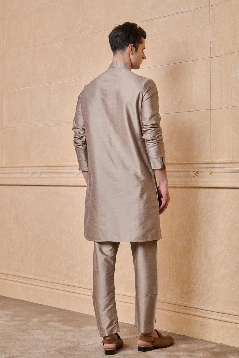 Beige Textured Faux Jacket Style Kurta Set