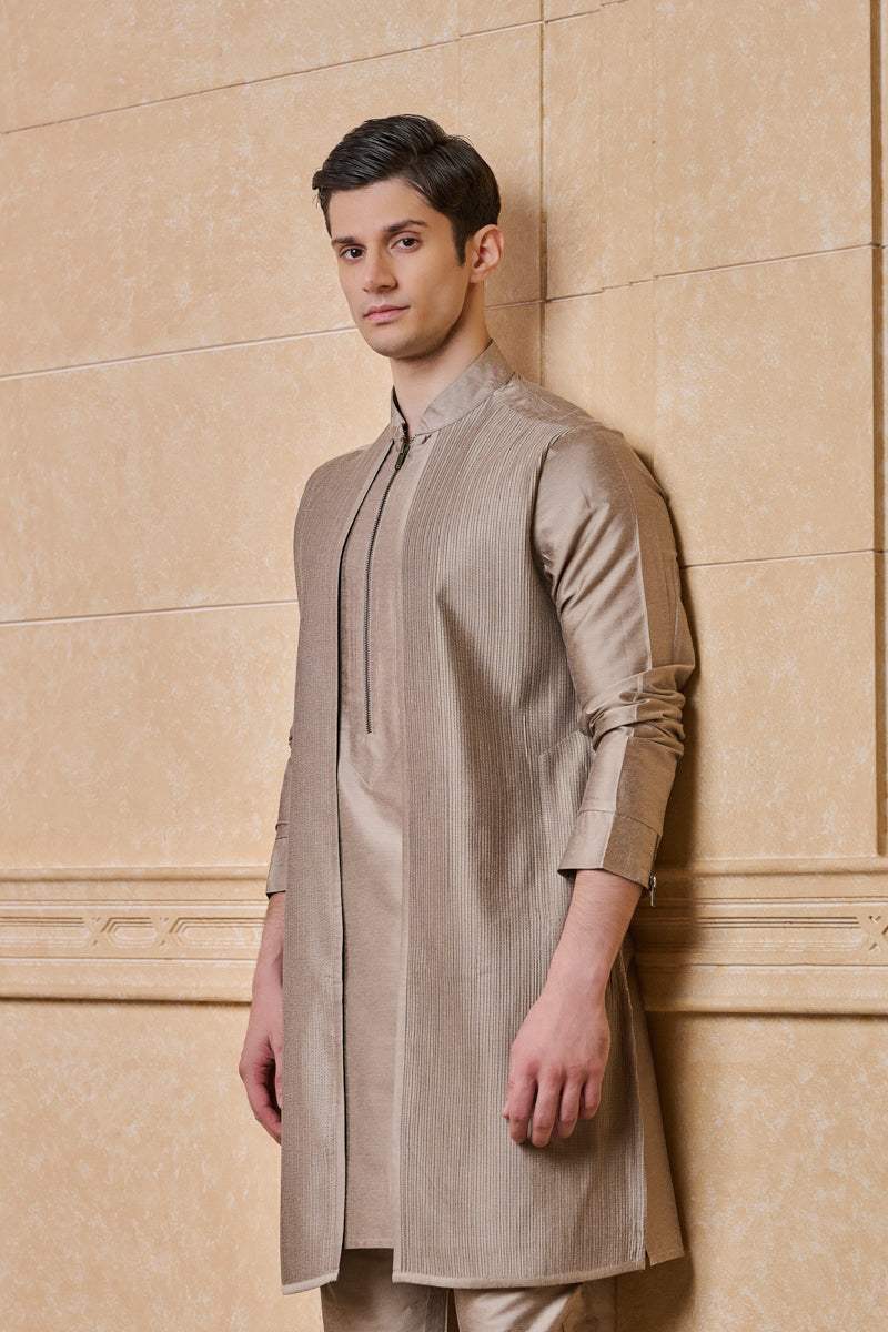 Beige Textured Faux Jacket Style Kurta Set