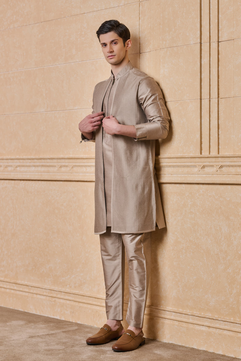 Beige Textured Faux Jacket Style Kurta Set