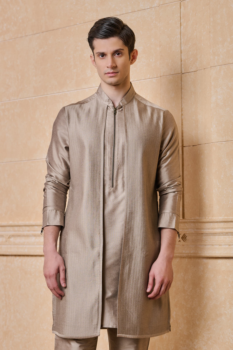 Beige Textured Faux Jacket Style Kurta Set