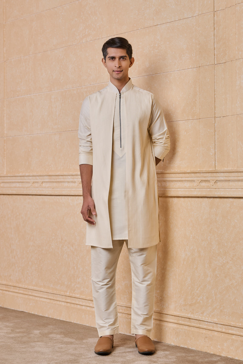 Ivory Textured Faux Jacket Detailed Kurta Set