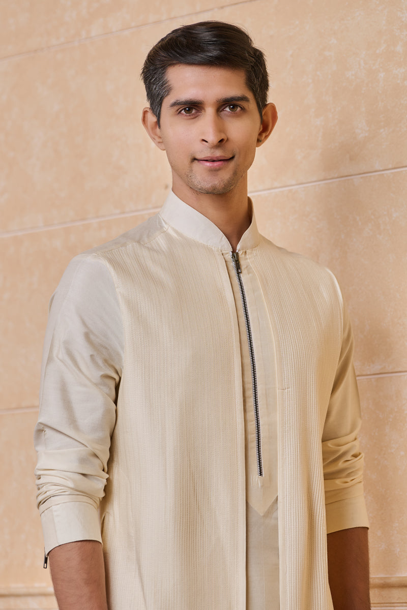 Ivory Textured Faux Jacket Detailed Kurta Set