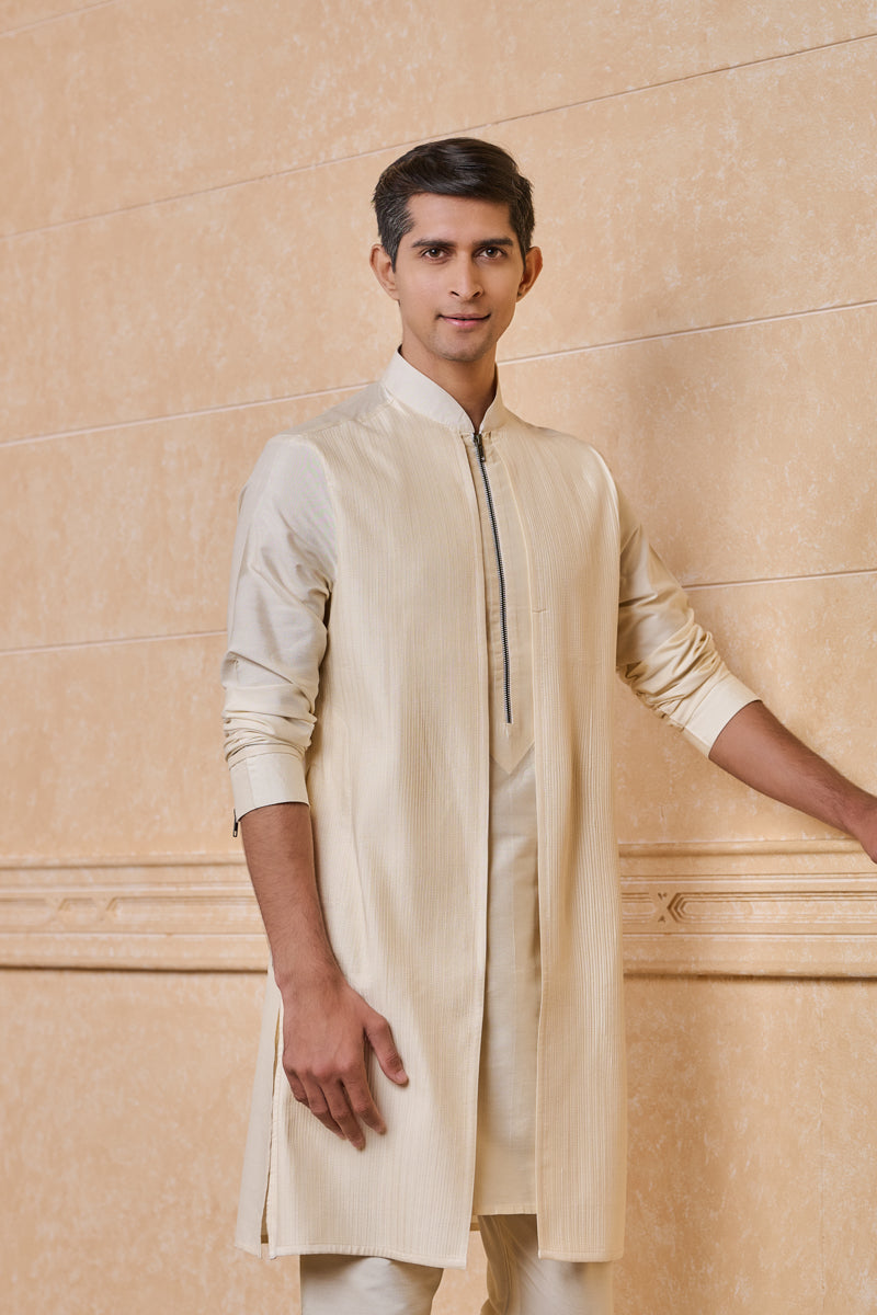 Ivory Textured Faux Jacket Detailed Kurta Set