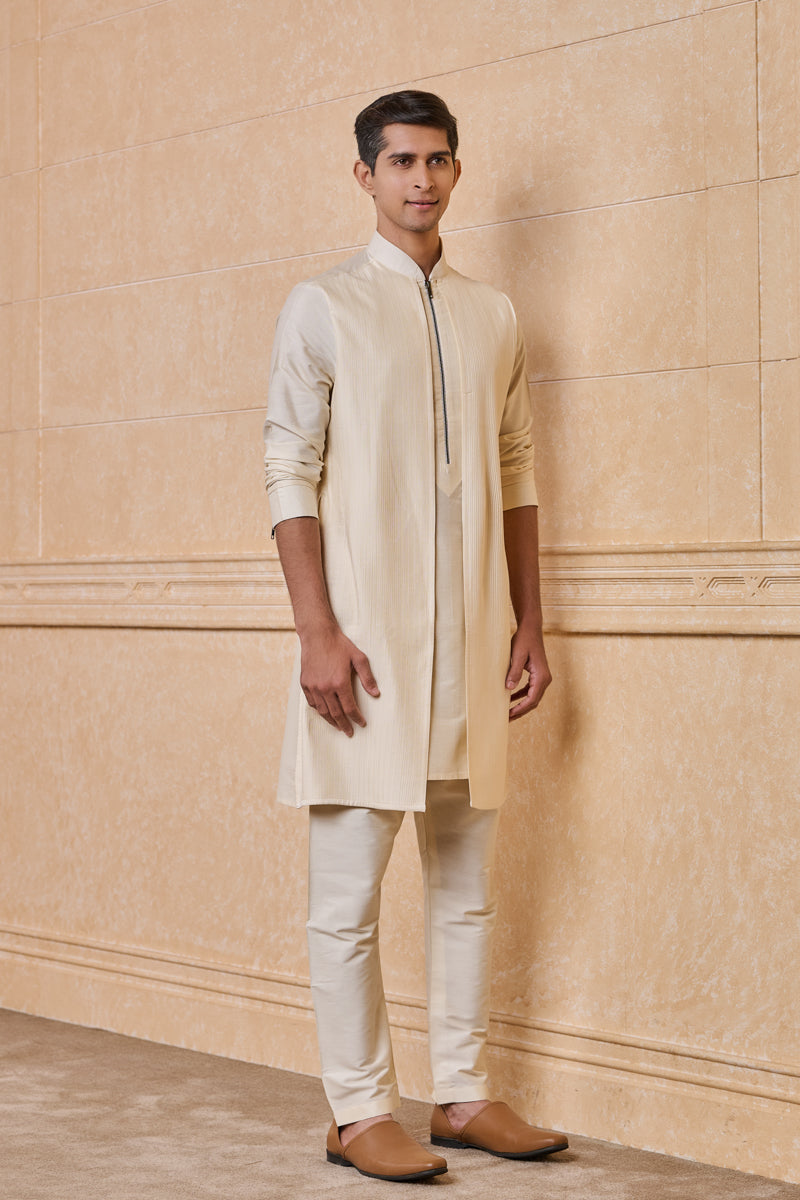 Ivory Textured Faux Jacket Detailed Kurta Set