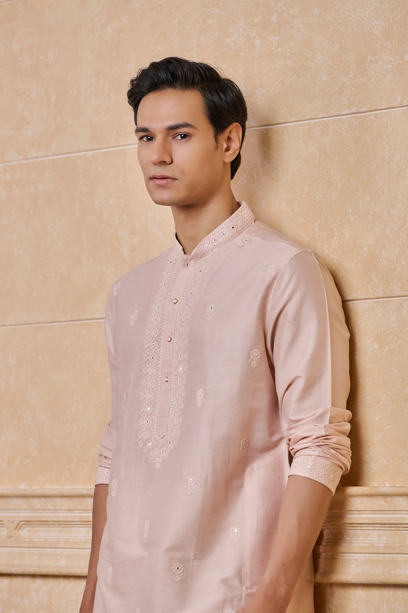 Pink Embroidered Kurta Set With Mirror Work