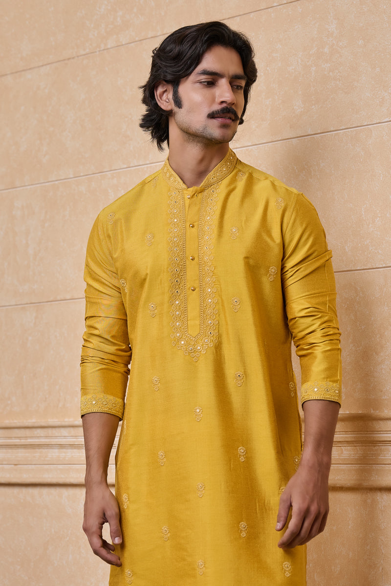 Yellow Embroidered Kurta Set With Mirror Work