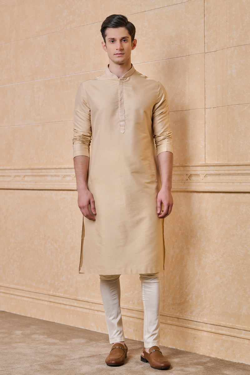 Beige Kurta Set with Embroidered Collar And Placket