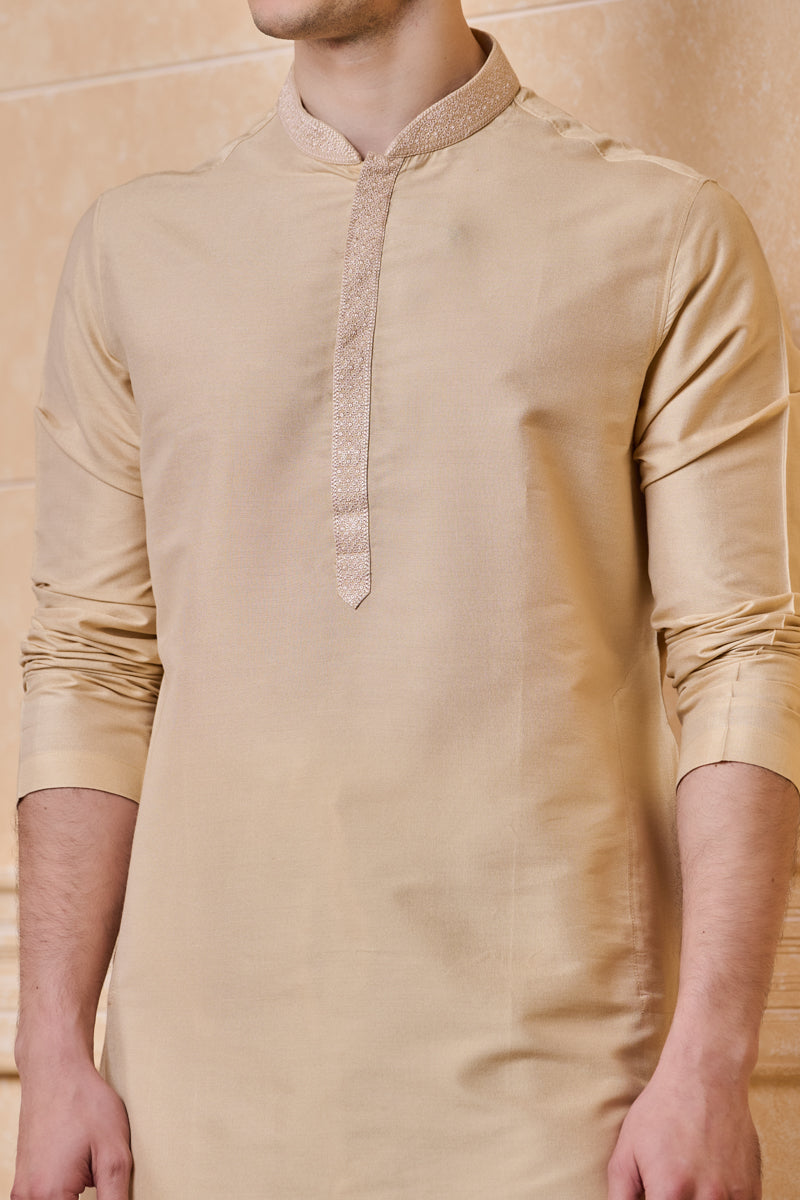 Beige Kurta Set with Embroidered Collar And Placket