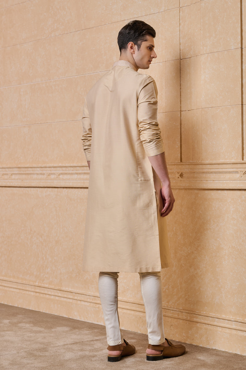 Beige Kurta Set with Embroidered Collar And Placket