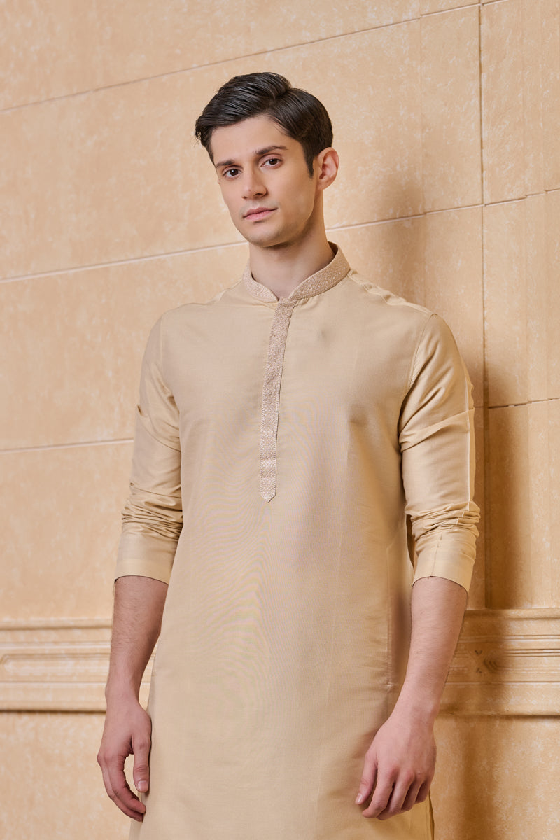 Beige Kurta Set with Embroidered Collar And Placket