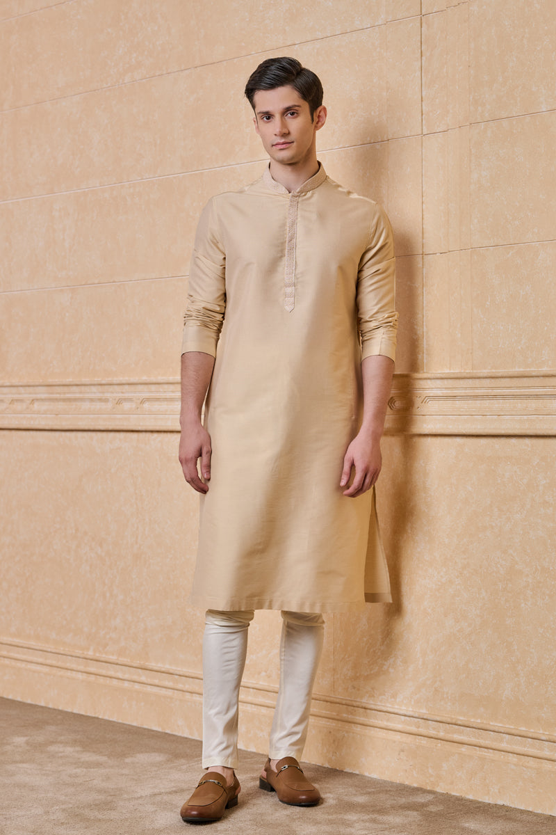 Beige Kurta Set with Embroidered Collar And Placket