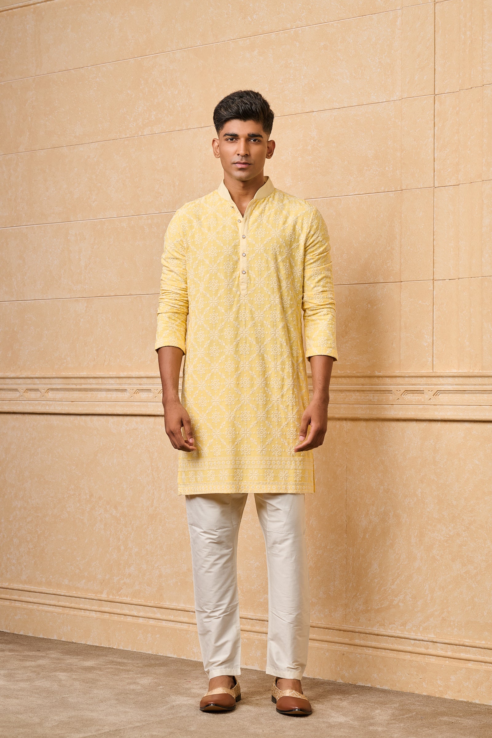 Yellow All Over Embroidered Kurta Set