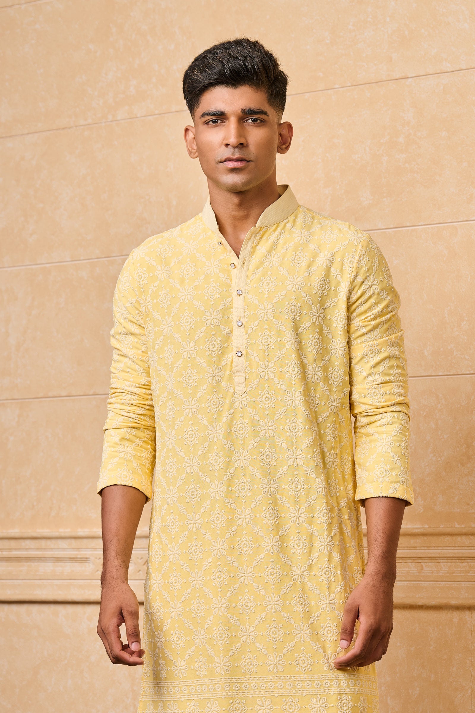 Yellow All Over Embroidered Kurta Set