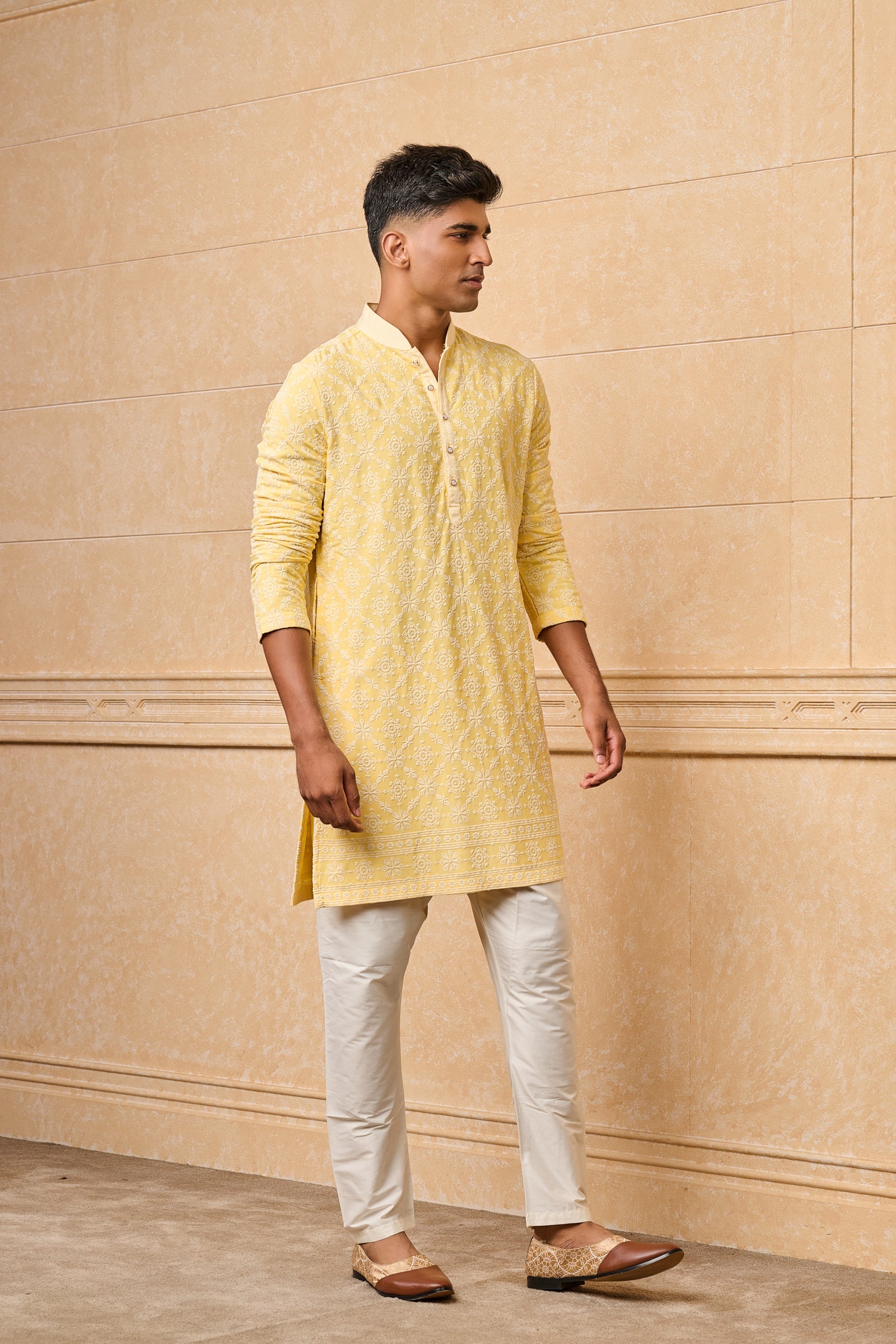 Yellow All Over Embroidered Kurta Set