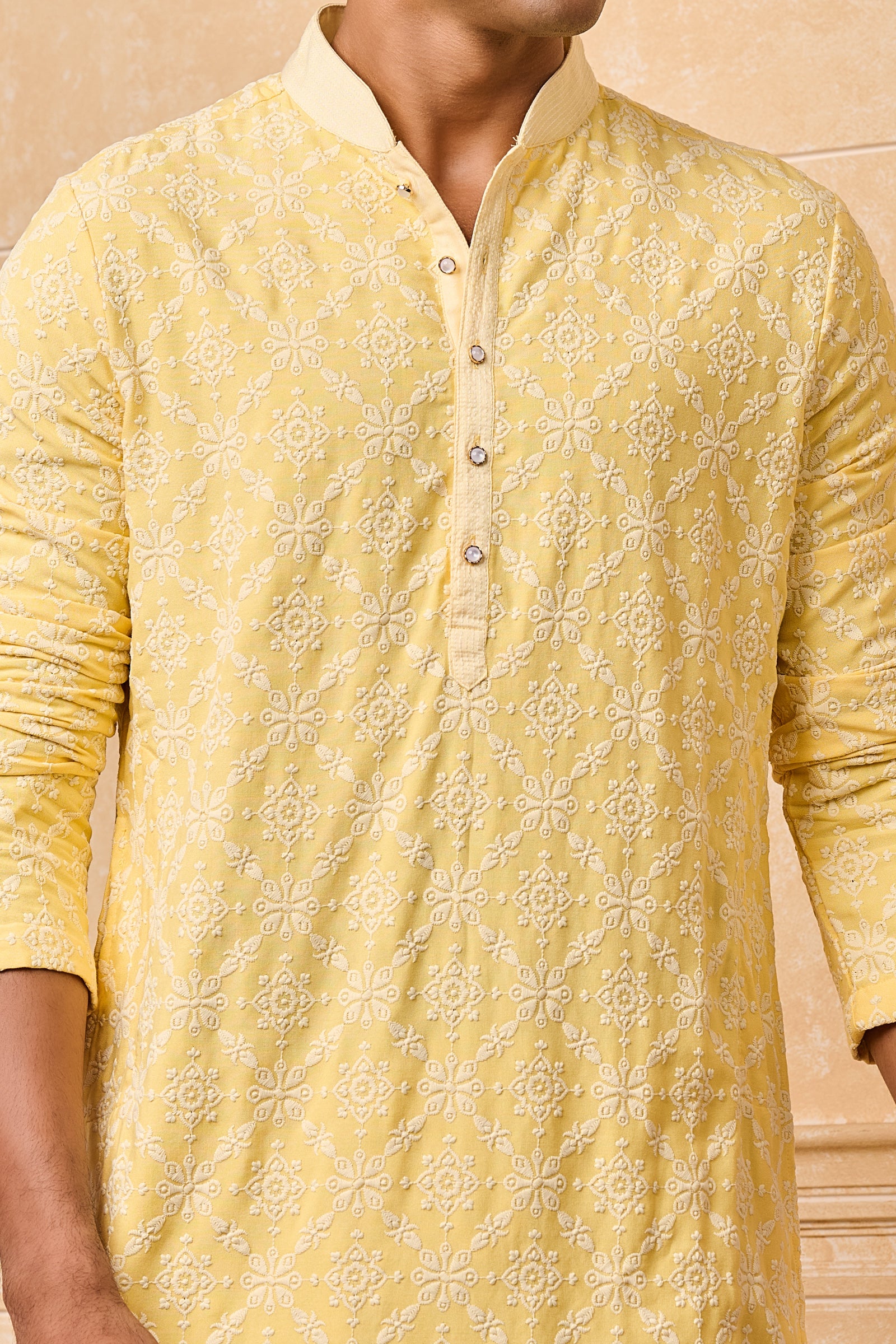 Yellow All Over Embroidered Kurta Set