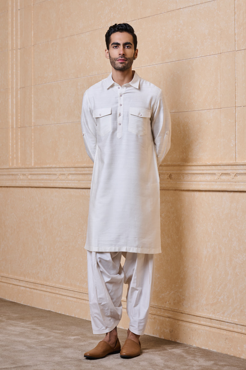 Ivory Pathani Silk Blend Kurta Set