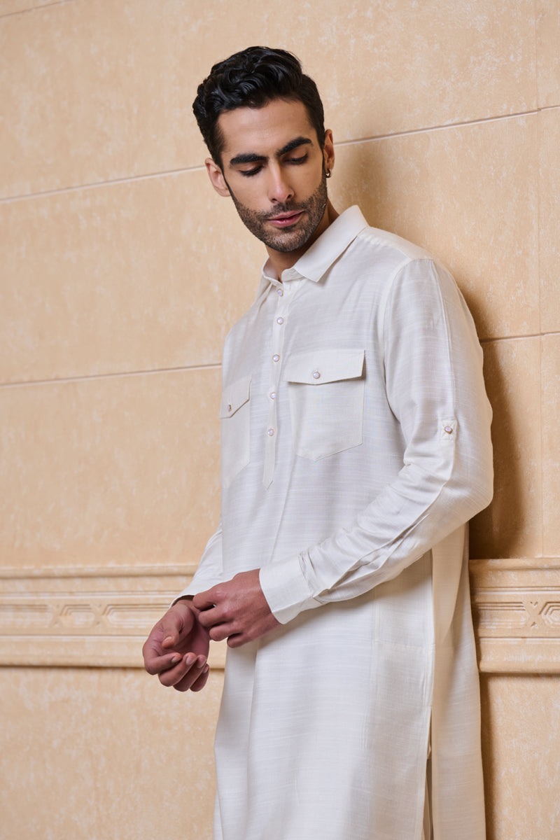 Ivory Pathani Silk Blend Kurta Set