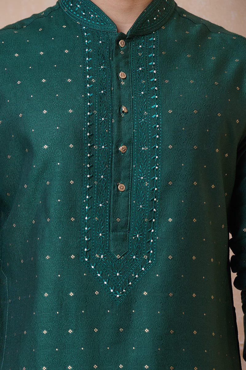 Dark Green Jacquard Kurta Set