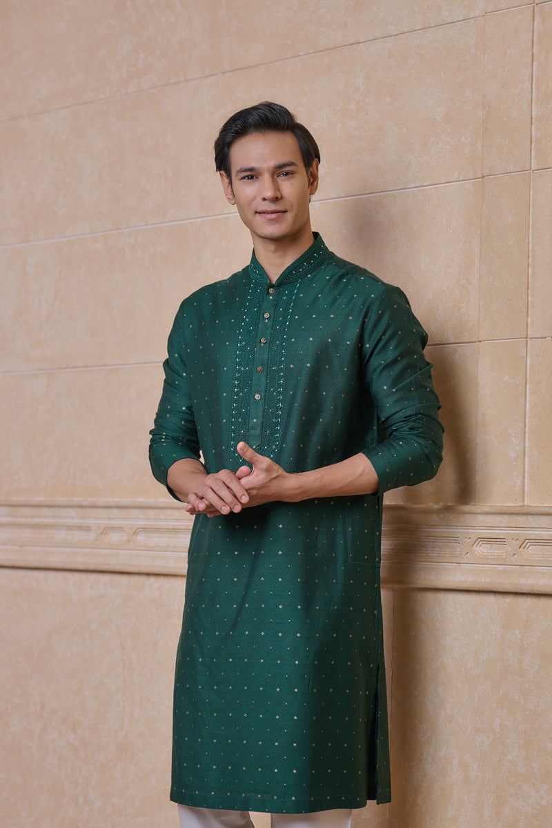 Dark Green Jacquard Kurta Set