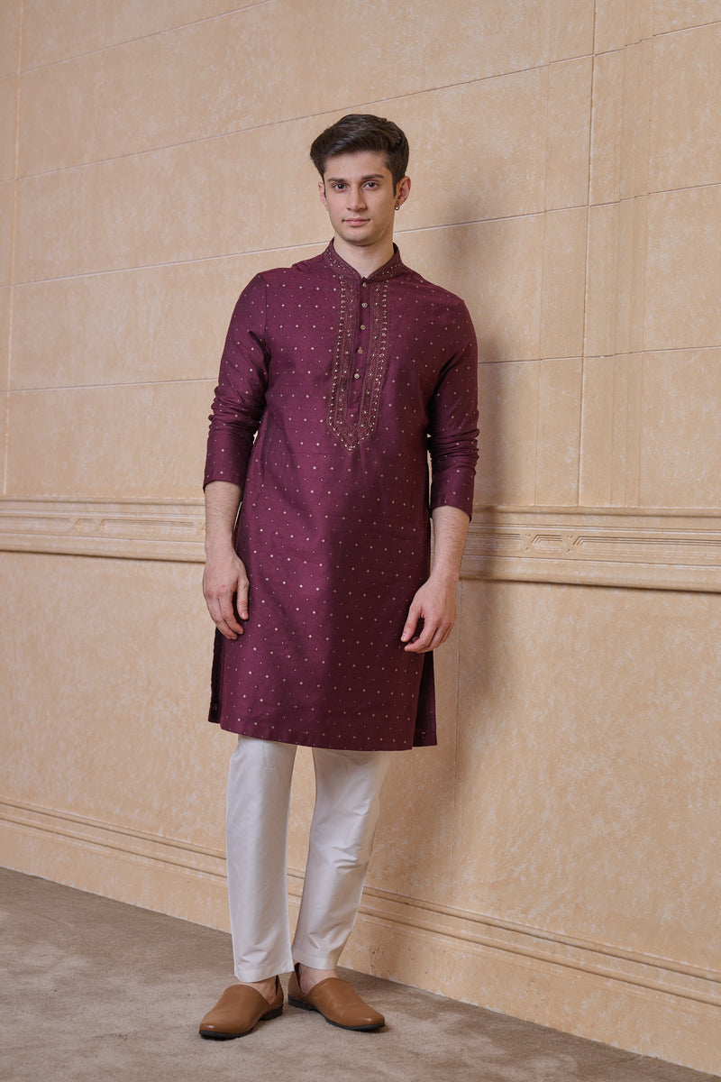 Wine Jacquard Kurta Set