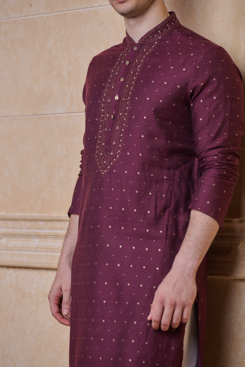 Wine Jacquard Kurta Set