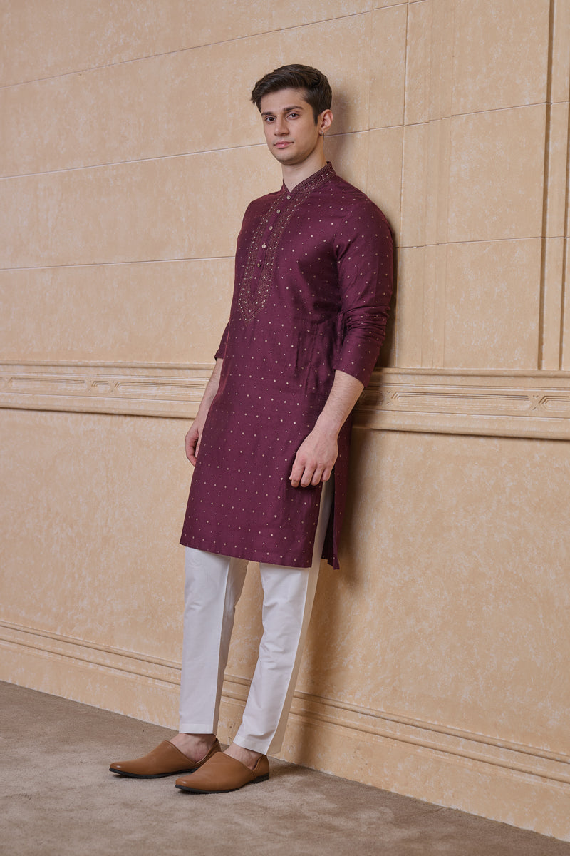 Wine Jacquard Kurta Set