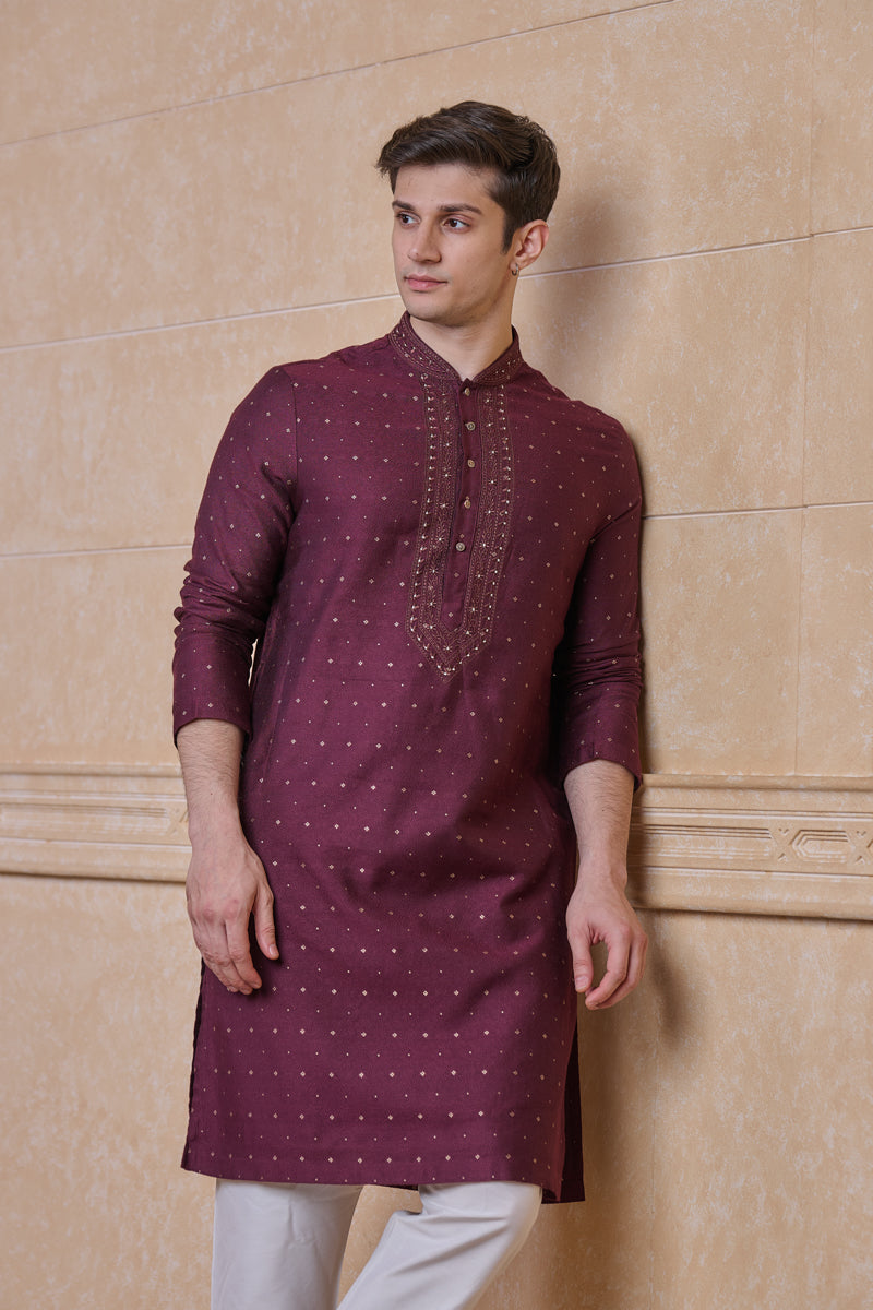 Wine Jacquard Kurta Set