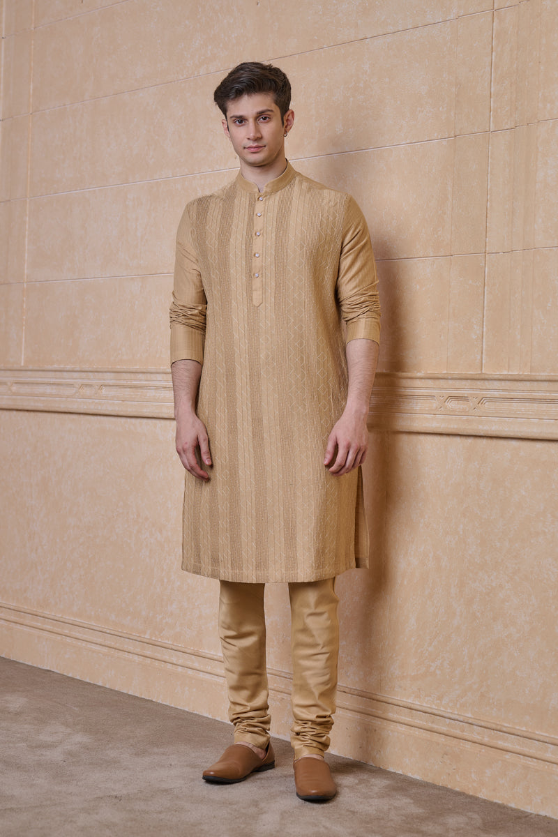 Beige Kurta Set With Textured Detailing